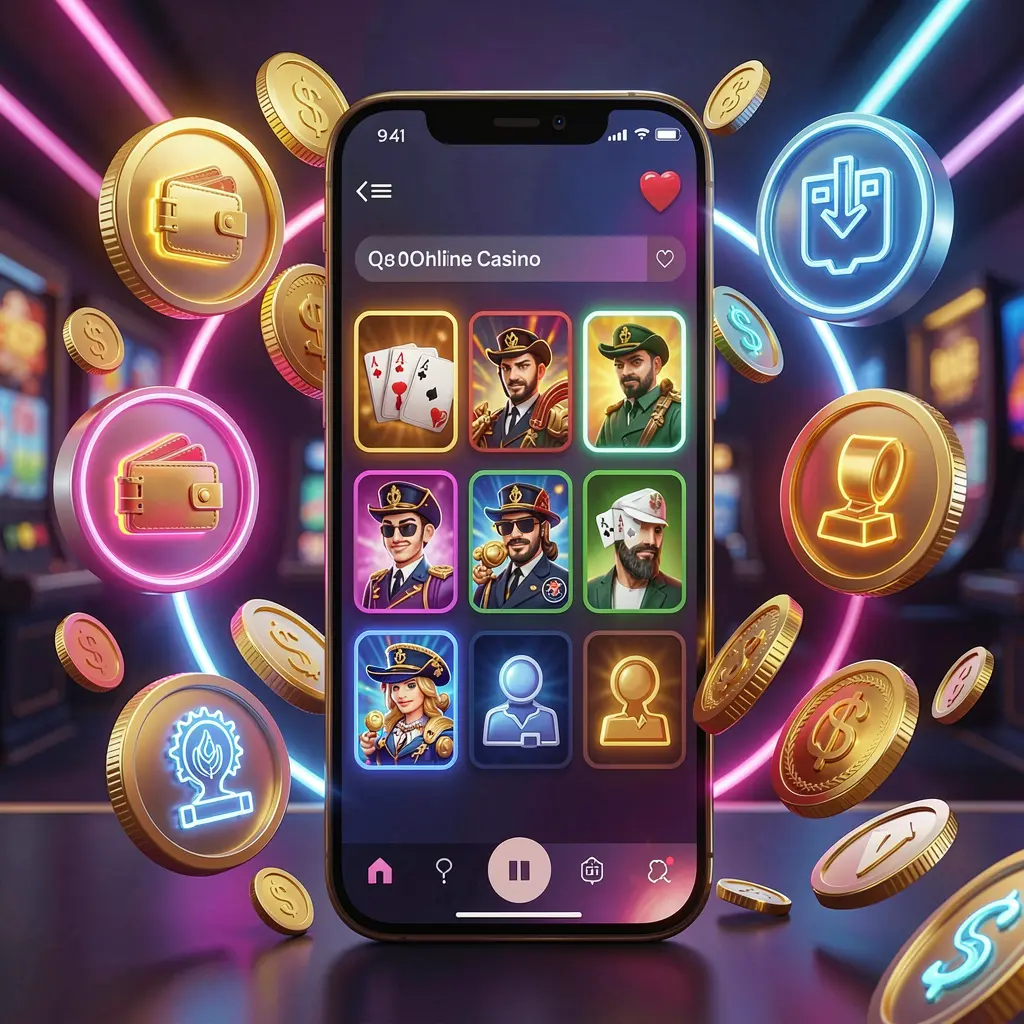 Recursos do aplicativo de cassino online GGJOGO exibidos em um smartphone cercado por ícones de carteira, jogos, suporte e recompensas, com moedas douradas e luzes neon em uma renderização 3D luxuosa