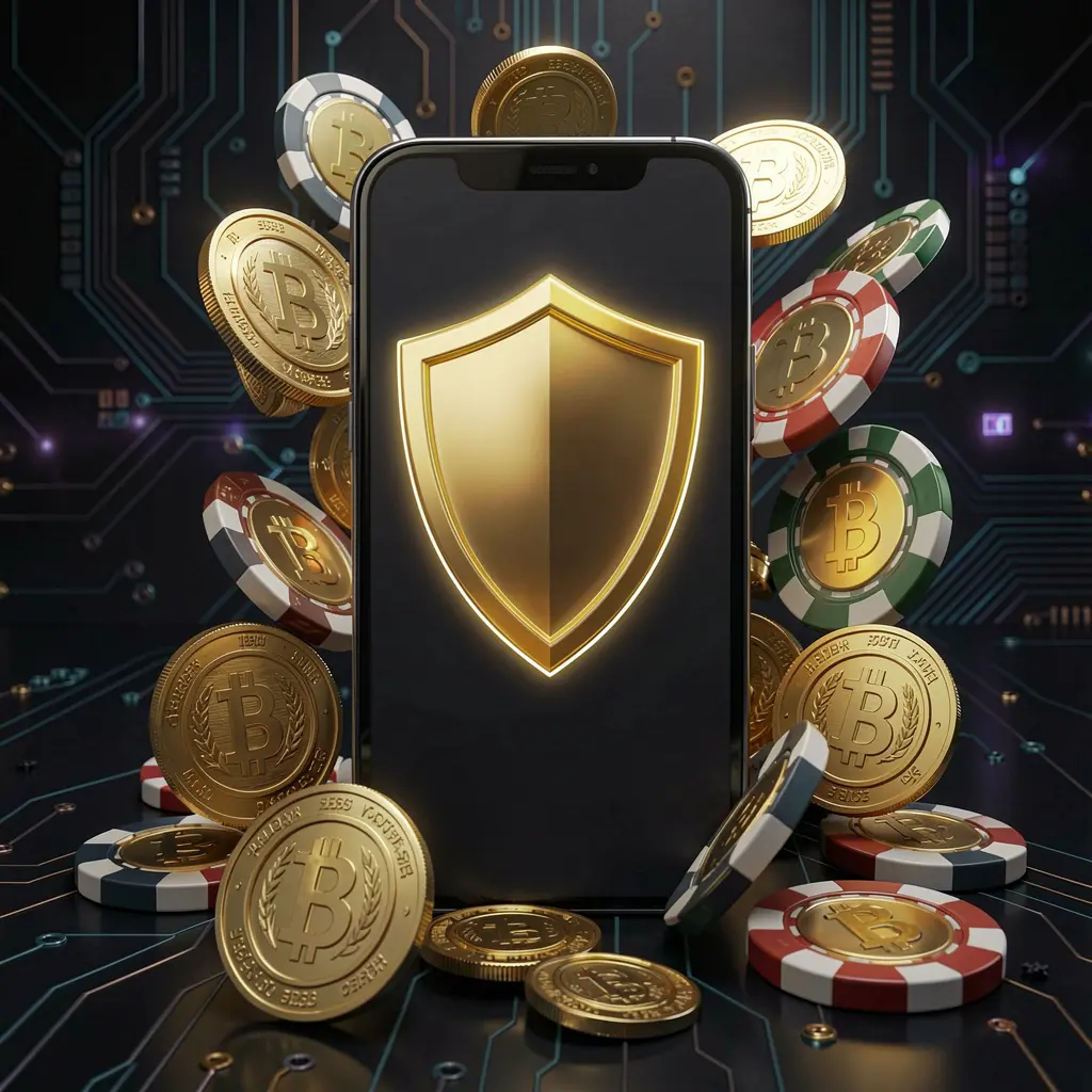 Conceito de aplicativo móvel de cassino seguro GGJOGO mostrando um smartphone com um ícone de escudo brilhante, cercado por moedas douradas e fichas, sobre um fundo cibernético escuro e luxuoso em uma renderização 3D realista
