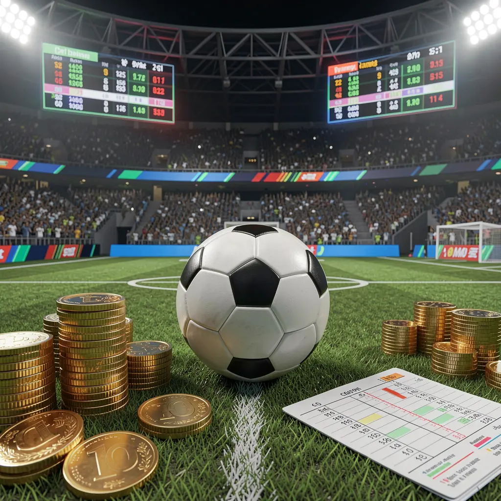 Cena premium de apostas esportivas GGJOGO apresentando um campo de futebol com público no estádio, uma bola de futebol, moedas douradas, elementos de bilhete de aposta e painéis de cotações neon em uma renderização 3D realista de alto detalhamento