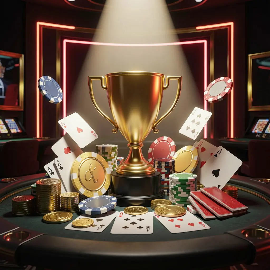 Conceito de bônus de torneio de cassino GGJOGO apresentando um troféu dourado cercado por fichas de pôquer, cartas de baralho e moedas sob um holofote brilhante, com fundo escuro destacado por luzes neon vermelhas e douradas em uma atmosfera competitiva de cassino luxuoso