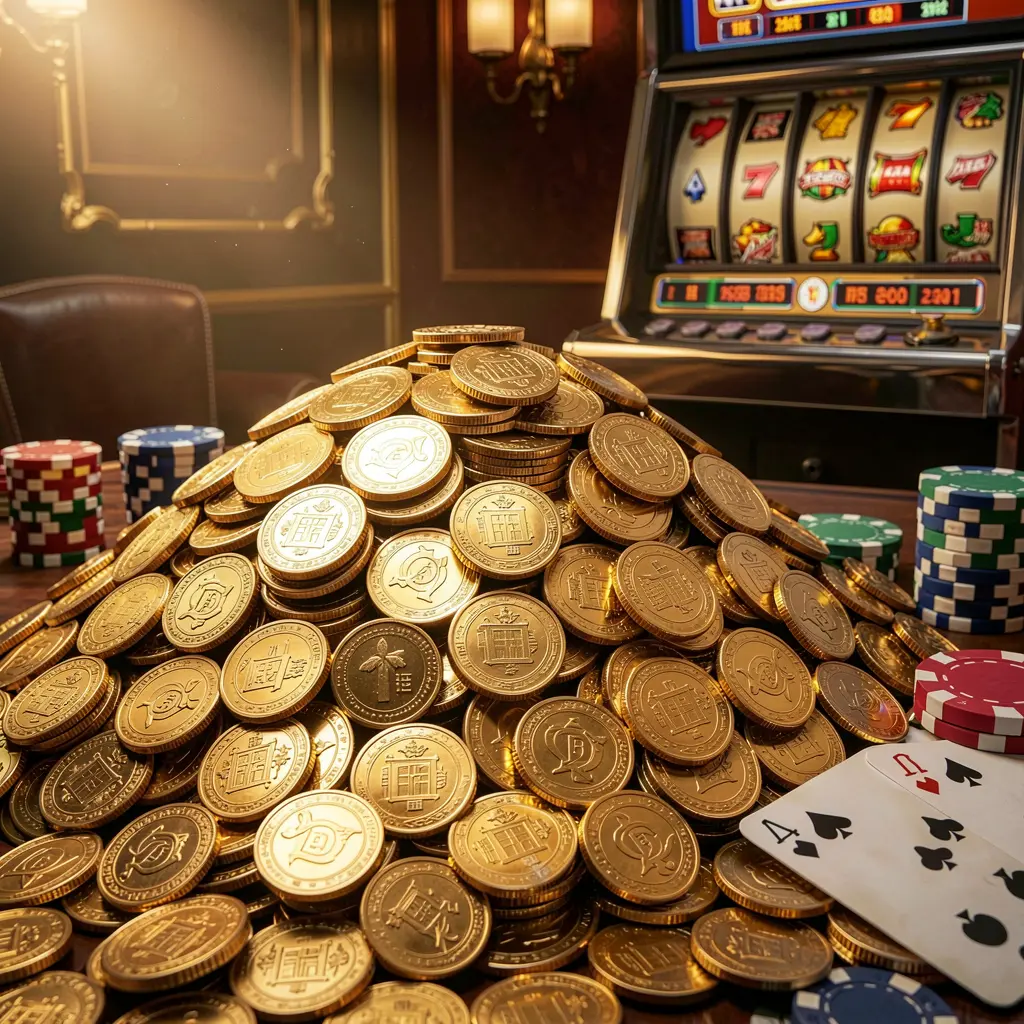 Cena de bônus de jackpot GGJOGO apresentando uma enorme pilha de moedas douradas, uma máquina caça-níqueis ao fundo, fichas de pôquer e cartas de baralho sob iluminação cinematográfica luxuosa