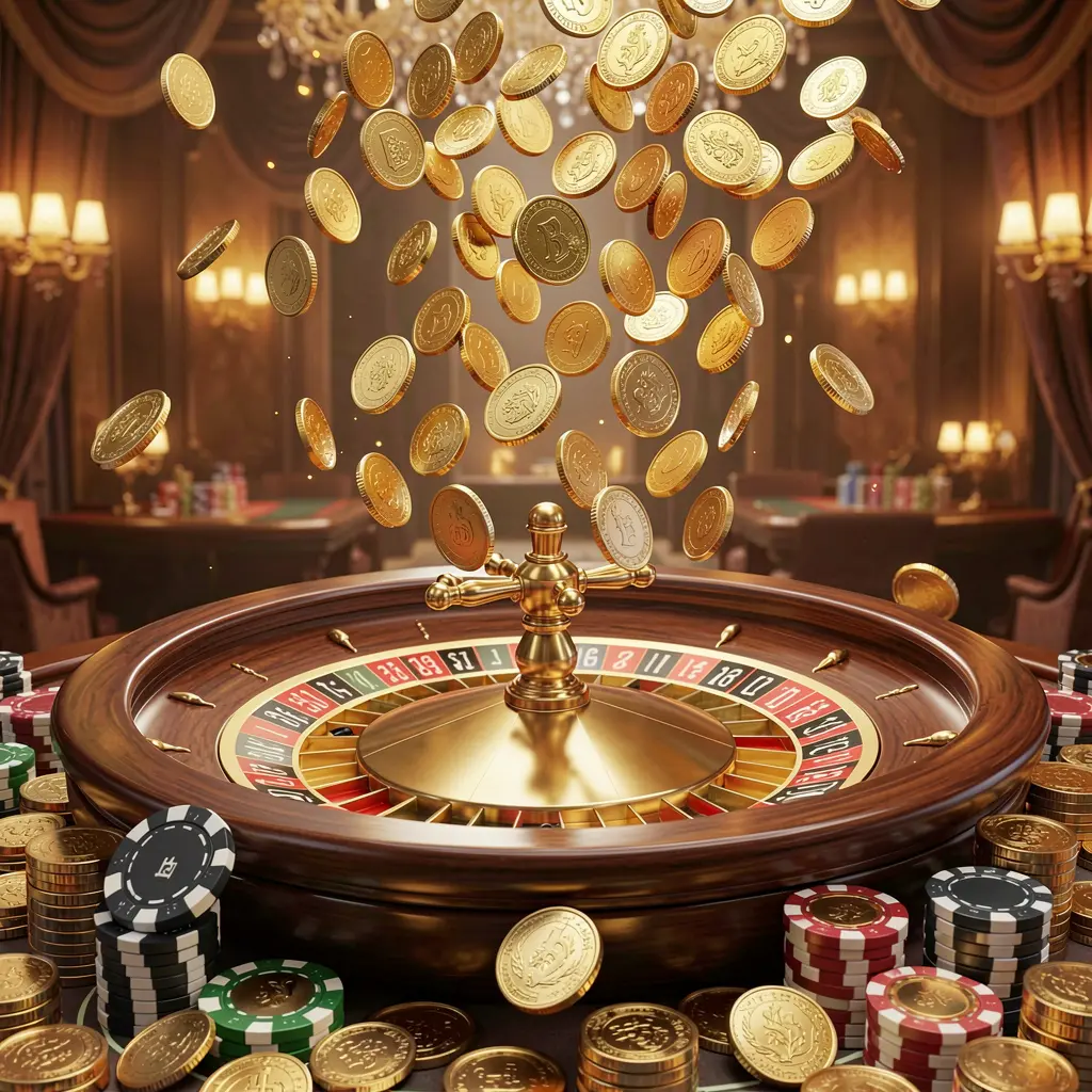 Banner de cassino online premium GGJOGO apresentando moedas douradas chovendo sobre uma roleta e fichas de pôquer, com um fundo luxuoso brilhante em uma renderização 3D dinâmica