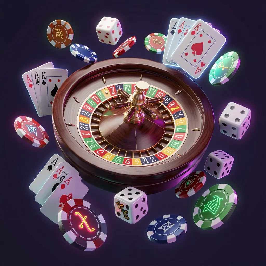 Coleção de jogos de cassino online GGJOGO apresentando uma roleta com brilho neon, cartas de blackjack, dados, símbolos de caça-níqueis e fichas de pôquer flutuando juntos em uma renderização 3D premium