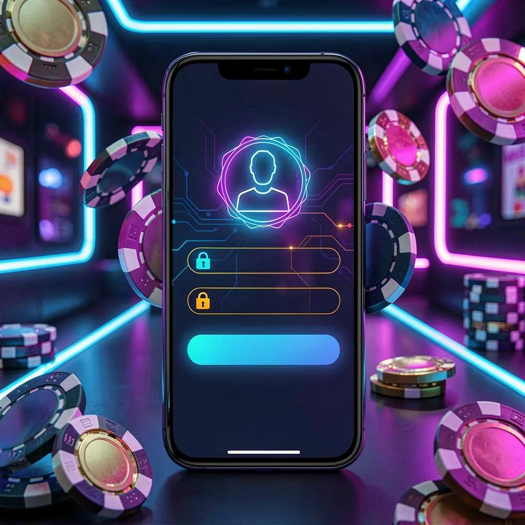 Conceito de página de login de jogos móveis GGJOGO mostrando um smartphone com uma interface de login abstrata apresentando ícones de usuário e cadeado, cercado por fichas de cassino e moedas sob iluminação neon luxuosa