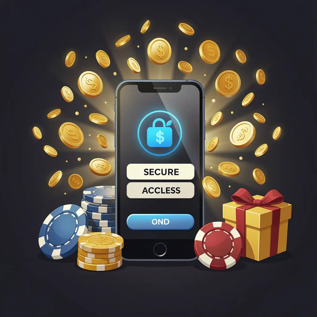 Ilustração de login de usuário do cassino GGJOGO mostrando um telefone com um ícone de acesso seguro, moedas douradas saindo da tela, fichas de pôquer e uma caixa de presente próxima sobre um fundo escuro premium